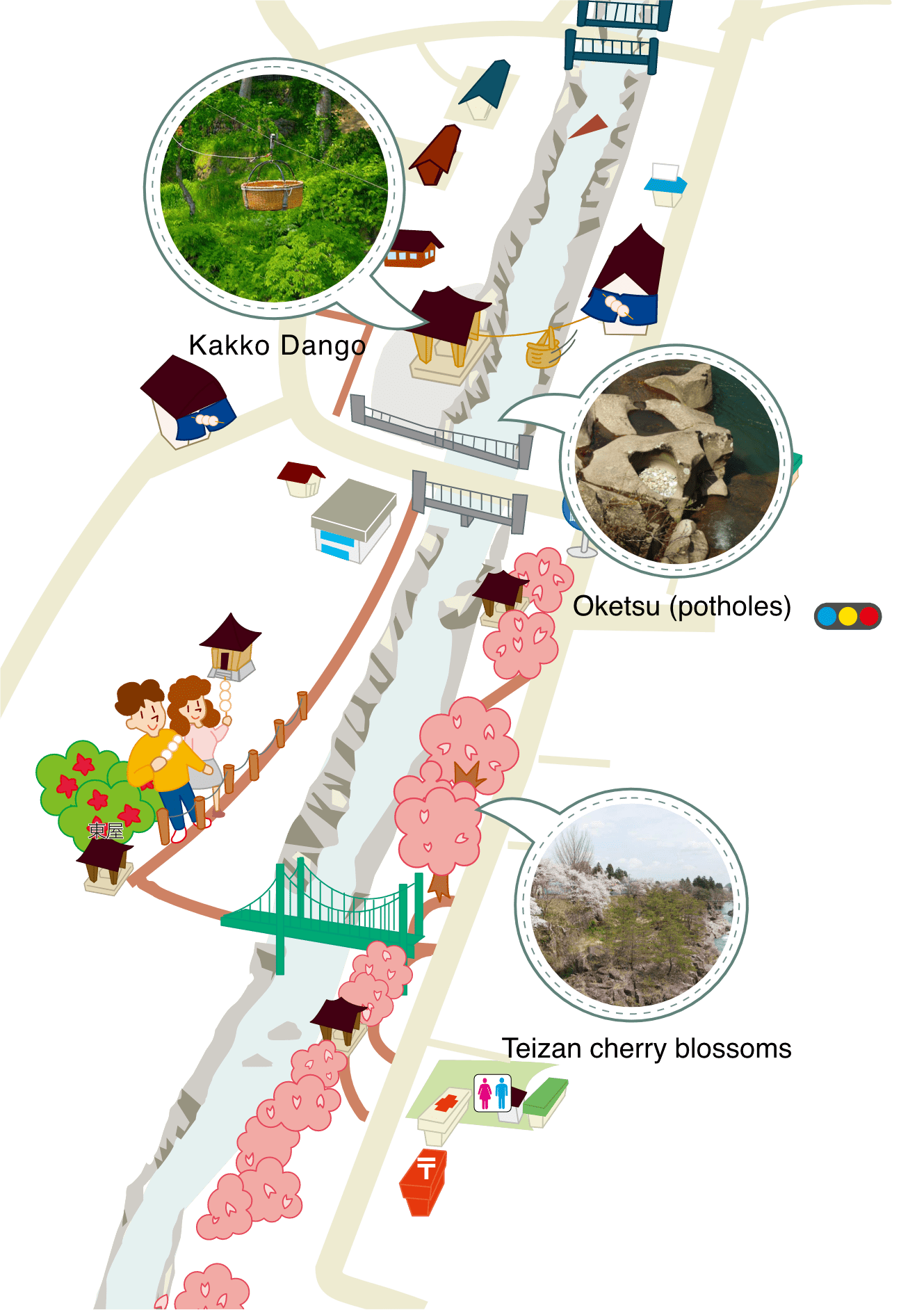 厳美渓周辺のマップ。近場には厳美渓温泉、かっこうだんご、甌穴、小松滝観音堂、御覧場橋、温泉神社、貞山桜などがあります。